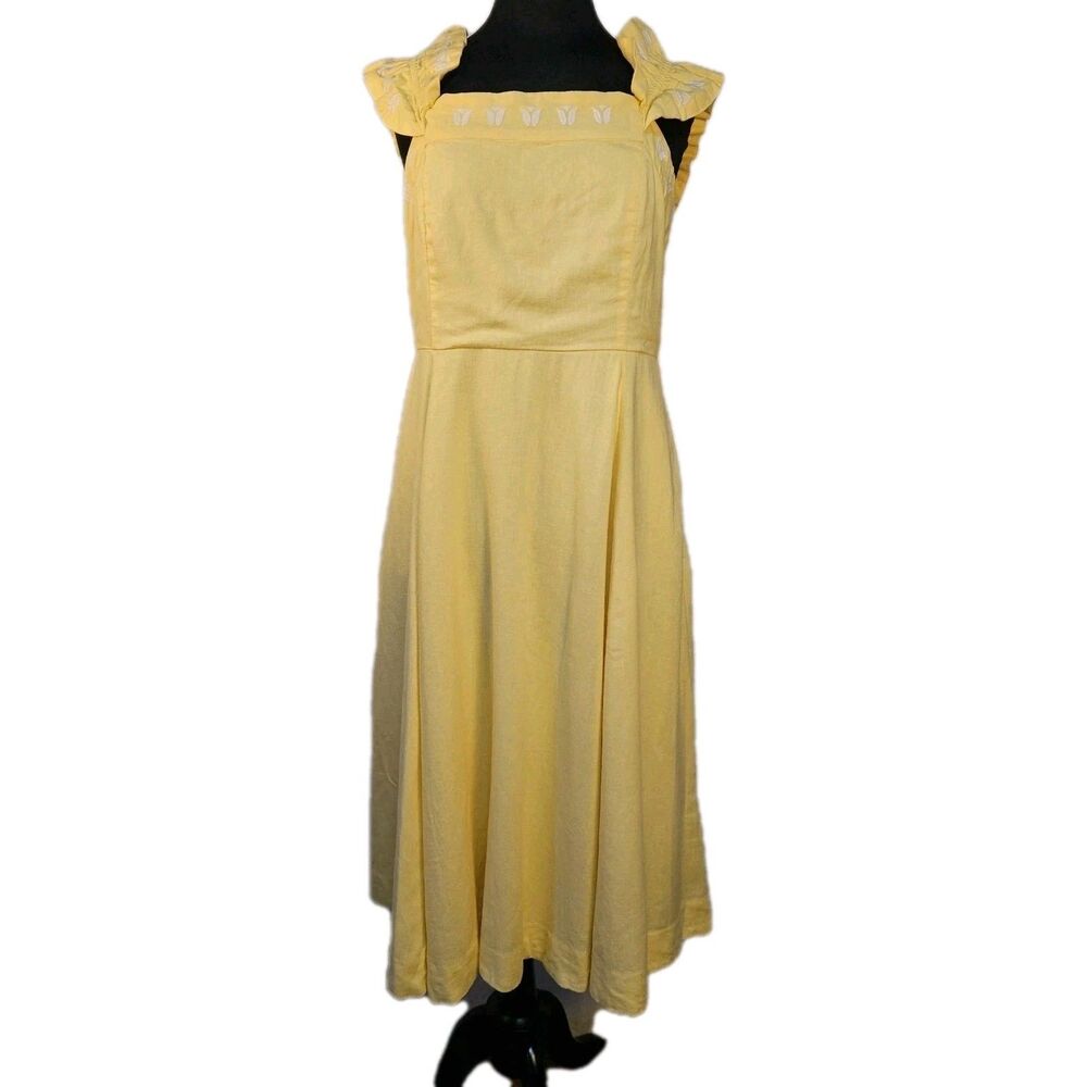 NWT Embroidered Milkmaid Yellow Midi Dress Sleevless Ruffle Fit Flare Sz 16